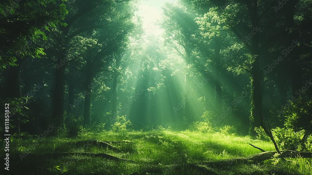 A forest with sunlight shining through the trees. The sunlight is bright and warm, creating a peaceful and serene atmosphere. The trees are tall and green, with leaves rustling in the breeze A forest with sunlight shining through the trees. The sunlight is bright and warm, creating a peaceful and serene atmosphere. The trees are tall and green, with leaves rustling in the breeze