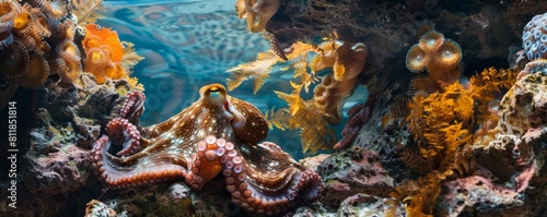 Focus on a curious octopus camouflaging itself among rocky crevices in a beautiful coral reef backdrop