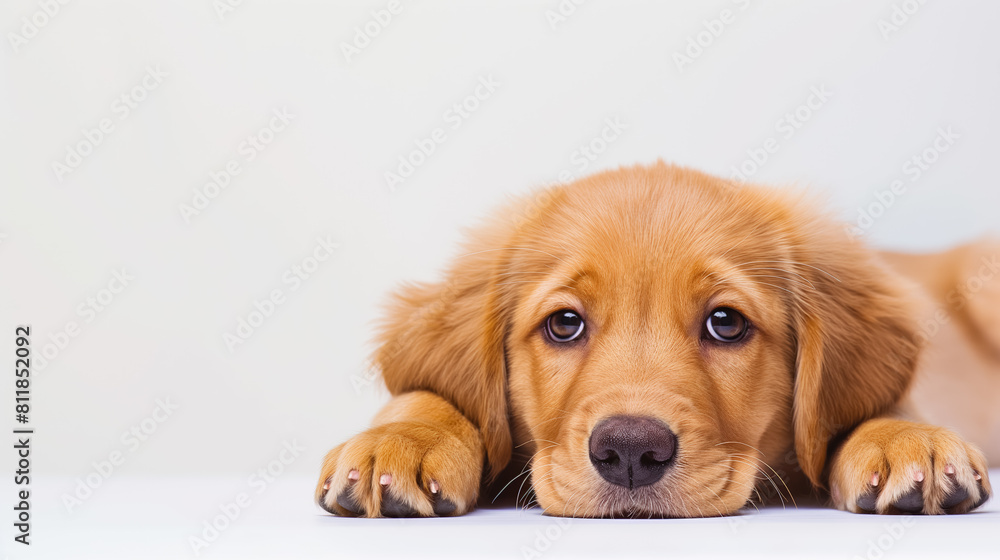 Sad golden retriever puppy lying down, looking directly at the camera with soulful eyes. Sad golden retriever puppy lying down, looking directly at the camera with soulful eyes.