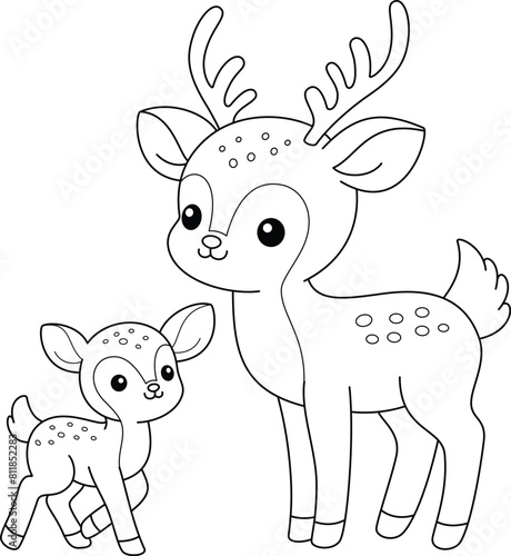 Cute kawaii deer and baby cartoon character coloring page vector illustration. Wild animal, mothers day colouring page for kids