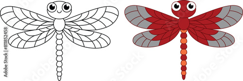 Cute kawaii dragonfly cartoon character coloring page vector illustration. Wild animal, insect colouring page for kids