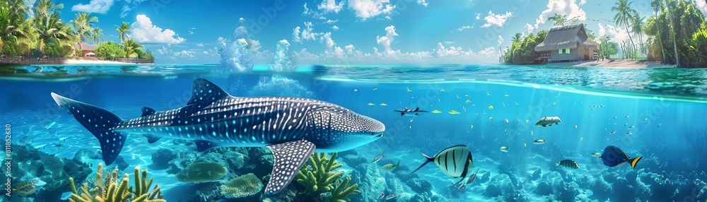 Fototapeta premium Focus on a magnificent whale shark gliding through crystalclear waters in a beautiful tropical seascape background