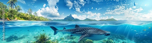 Focus on a magnificent whale shark gliding through crystalclear waters in a beautiful tropical seascape background photo