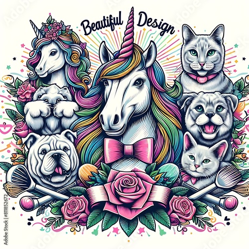 Many cats and unicorns art realistic photo lively illustrator.