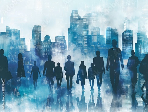 Silhouetted figures walking towards a foggy city backdrop  symbolizing urban life and anonymity.