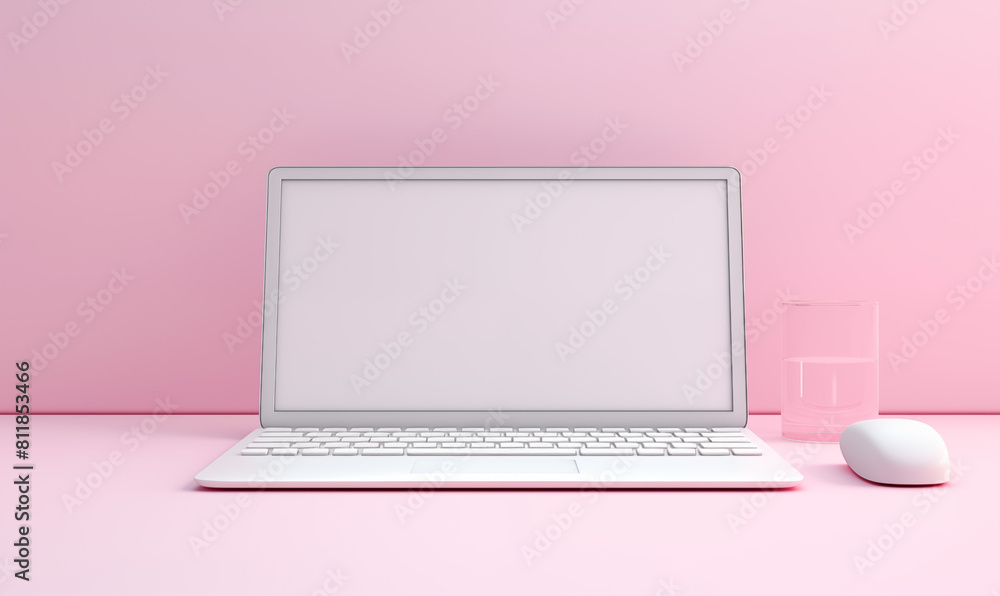 laptop with a mouse and glass on pink background, minimalistic laptop with a mouse and glass on pink background, minimalistic