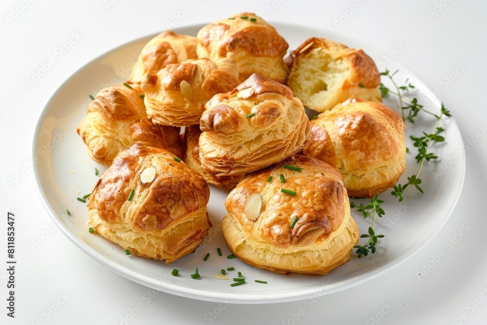 Savory Almond Gougeres with Gruyere and Thyme on White Plate Savory Almond Gougeres with Gruyere and Thyme on White Plate
