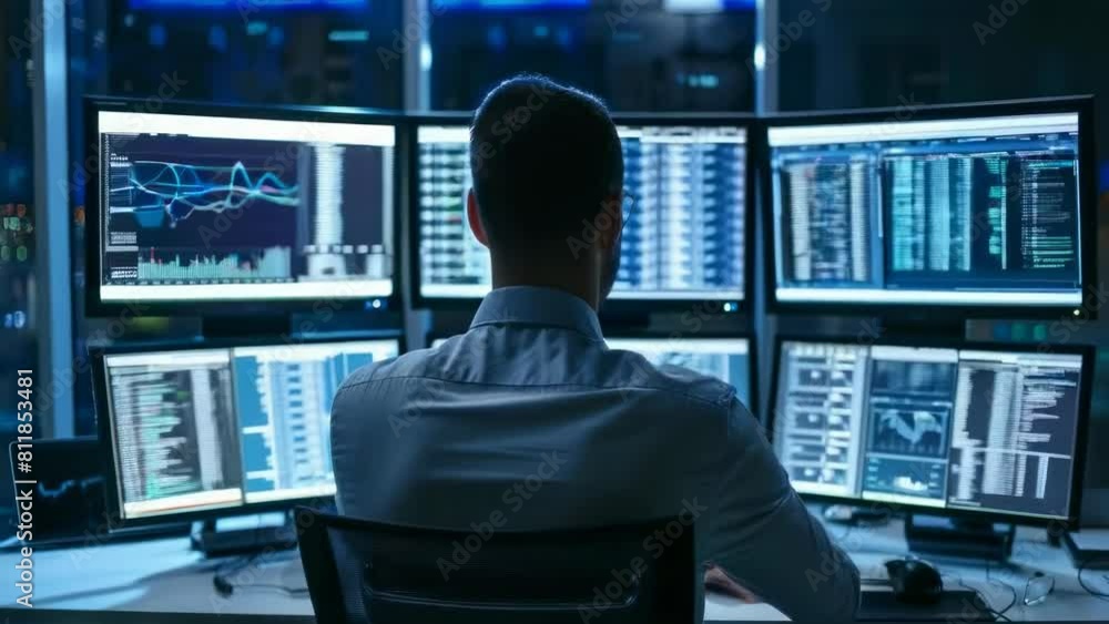 Network engineer intently monitoring extensive data across multiple screens modern control room. Darkened room glow from the screens emphasize high-tech environment critical nature of data security Network engineer intently monitoring extensive data across multiple screens modern control room. Darkened room glow from the screens emphasize high-tech environment critical nature of data security