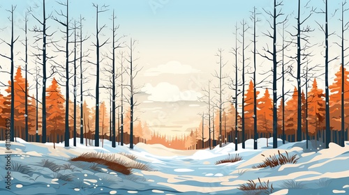 Winter forest flat view in wilderness theme watercolor split-complementary color scheme, hyper detail with clean sharp focus