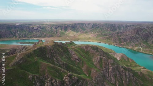 Drone shot of river Ili and spring steppe in Kazakhstan photo