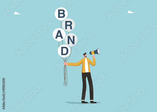 Businessman create a brand, company personality development, teamwork and brainstorming to create a business and prosperity, cooperation or partnership, man holding balloons with brand inscription.