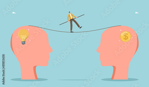 Profitability and payback of innovations, buying intellectual property, investing in creative ideas or startups, new business project, man walks on tightrope between heads with light bulb and coin.