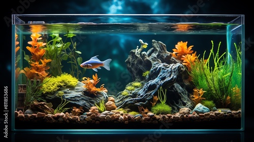 Home aquarium view of aquatic pets theme watercolor complementary color Scheme, detail with clean sharp focus