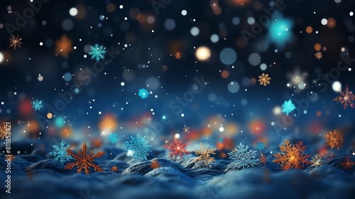 Snowflakes falling view of quiet night theme 3D render triadic color, hyper realistic with detail focus photo