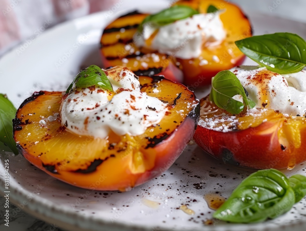 Grilled peaches served with whipped cream on a white plate Grilled peaches served with whipped cream on a white plate