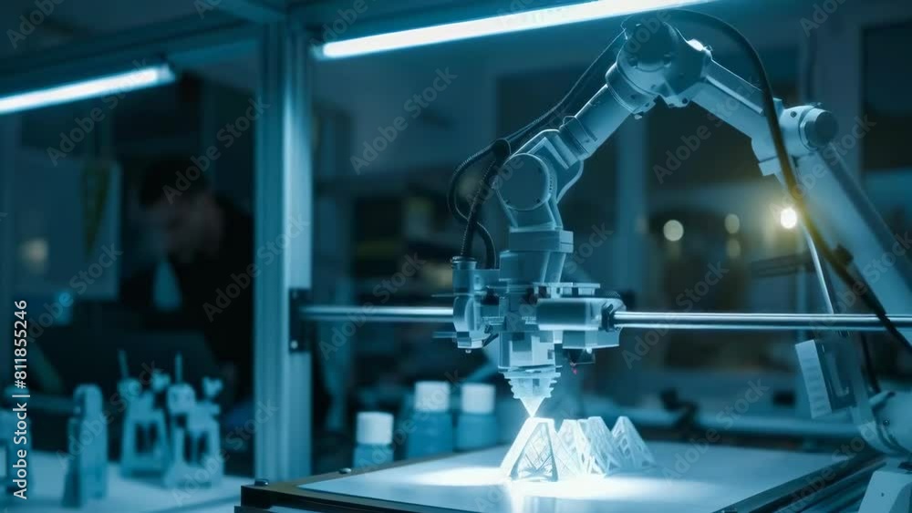 Robotic arm precisely assembling 3D printed objects in high-tech lab environment. The cool blue tones and focused lighting underscore the precision and cutting-edge technology in modern manufacturing Robotic arm precisely assembling 3D printed objects in high-tech lab environment. The cool blue tones and focused lighting underscore the precision and cutting-edge technology in modern manufacturing