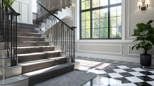 Luxury home foyer with slate gray carpeted stairs accented with minimalist black railings and a checkerboard marble floor A large window floods the space with light