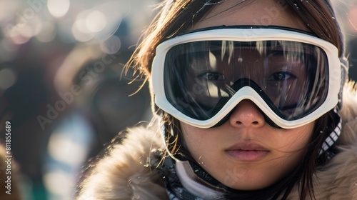 Close-up portrait of a young woman wearing vintage ski goggles AIG51A.