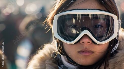 Close-up portrait of a young woman wearing vintage ski goggles AIG51A. photo