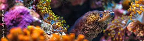 Focus on a stealthy moray eel peeking out from its rocky hideout in a beautiful coral reef background photo