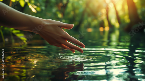 Close up woman hand gently touches the surface of the water in the forest river or lake