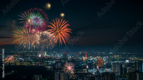 Big fireworks over the city  Wonderful vivid fireworks exploding