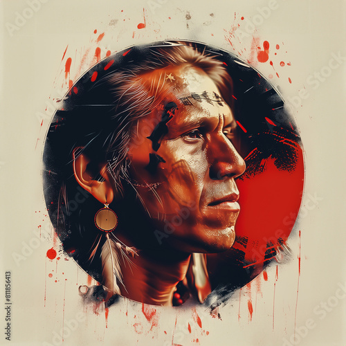 portrait of an old native american man, circle with red splashes around it, in the style of digital art photo