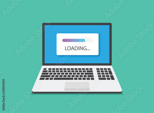 Laptop loading process icon in flat style. Software update vector illustration on isolated background. Updating sign business concept.