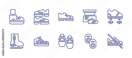 Shoes line icon set. Editable stroke. Vector illustration. Containing shoes, dance shoes, ice skating shoes, shoe box, baby shoes, no shoes, flying shoes, sneaker.