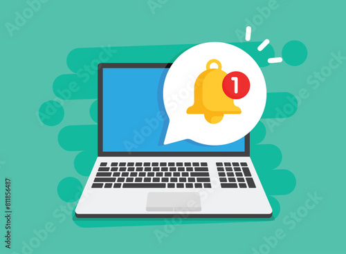 Laptop notification icon in flat style. Computer vector illustration on isolated background. Reminder message sign business concept.