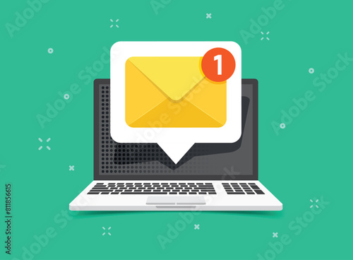 Laptop with envelope icon in flat style. Computer vector illustration on isolated background. Email notification sign business concept.