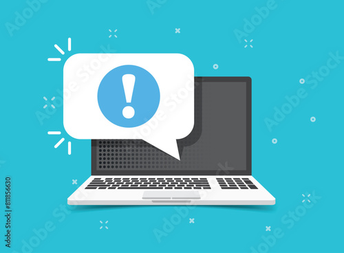 Laptop notification icon in flat style. Computer vector illustration on isolated background. Reminder message sign business concept.
