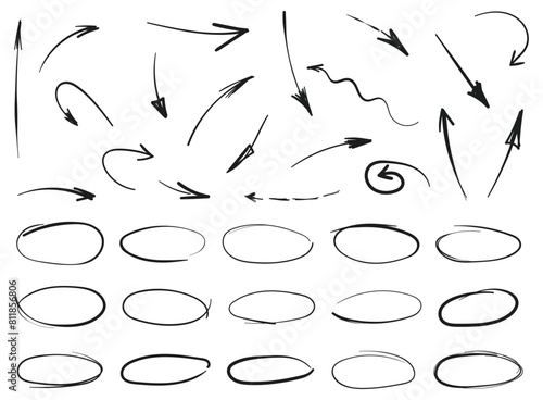 Circle line sketch and arrow icon in hand drawn style. Circular scribble doodle vector illustration on isolated background. Pencil or pen bubble sign business concept.