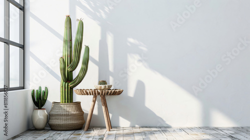 Big cactus with table and home decor near white wall i