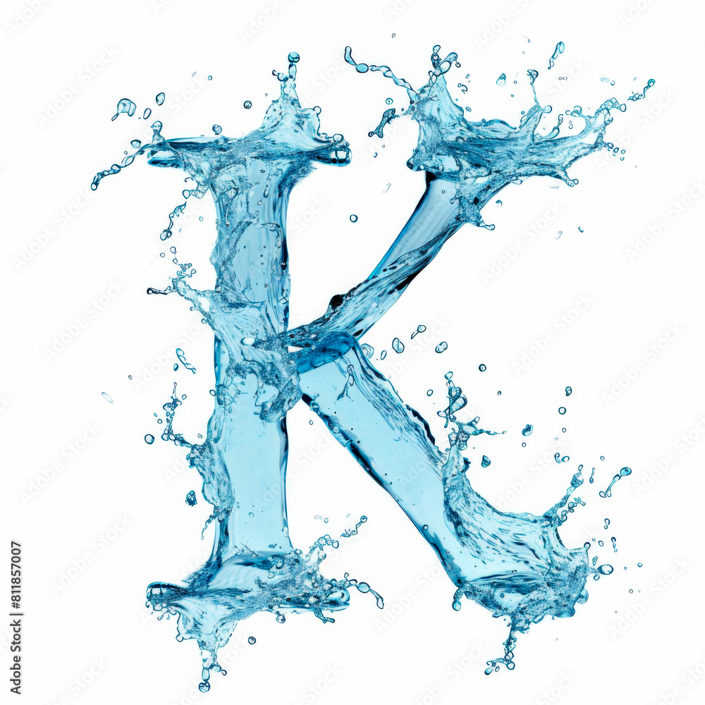 Dynamic splash of water forming the shape of the letter K, captured with high detail against a white background. Letter K water splash alphabet. This fluid typography concept is a creative blend of Dynamic splash of water forming the shape of the letter K, captured with high detail against a white background. Letter K water splash alphabet. This fluid typography concept is a creative blend of