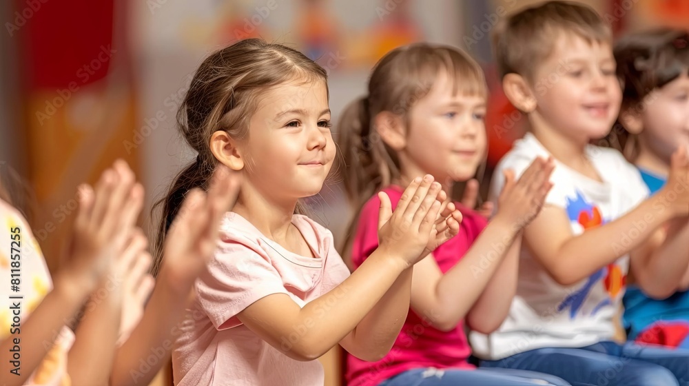 Children clapping and smiling in a row during music class Children clapping and smiling in a row during music class