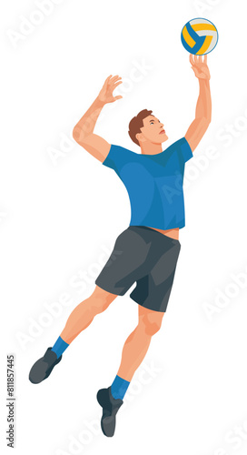 Volleyball player in a blue sports uniform jumps high and catches the ball with one hand
