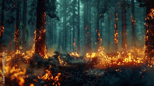 Wildfires in a forest illustrating the effects of prolonged droughts, highspeed macro style