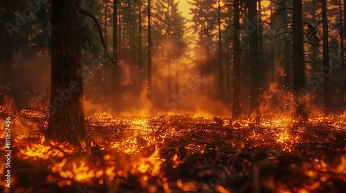 Wildfires in a forest illustrating the effects of prolonged droughts, highspeed macro style