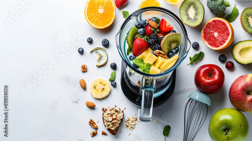 Blender with ingredients for healthy smoothie on white