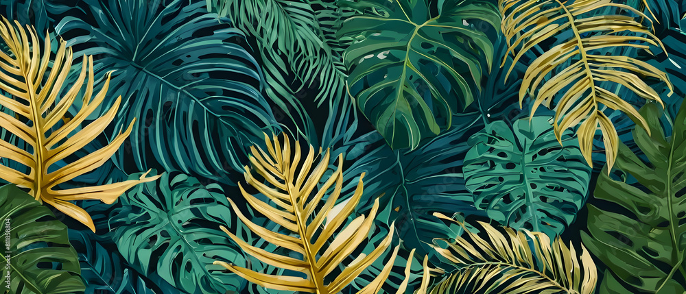 Naklejka premium Blue and gold tropical leaves Monstera, palm, fern. Ornamental plants backdrop. Exotic jungle rainforest background