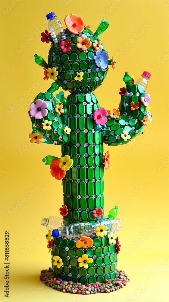 change to real cactus, Man-made mechanical and man-made artificial cactus with trash plastic