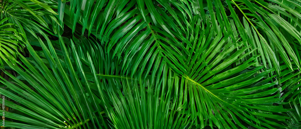 Summer tropical leaves. Abstract green tropical palm leaves texture, nature background. Palm tree leaves floral banner. 