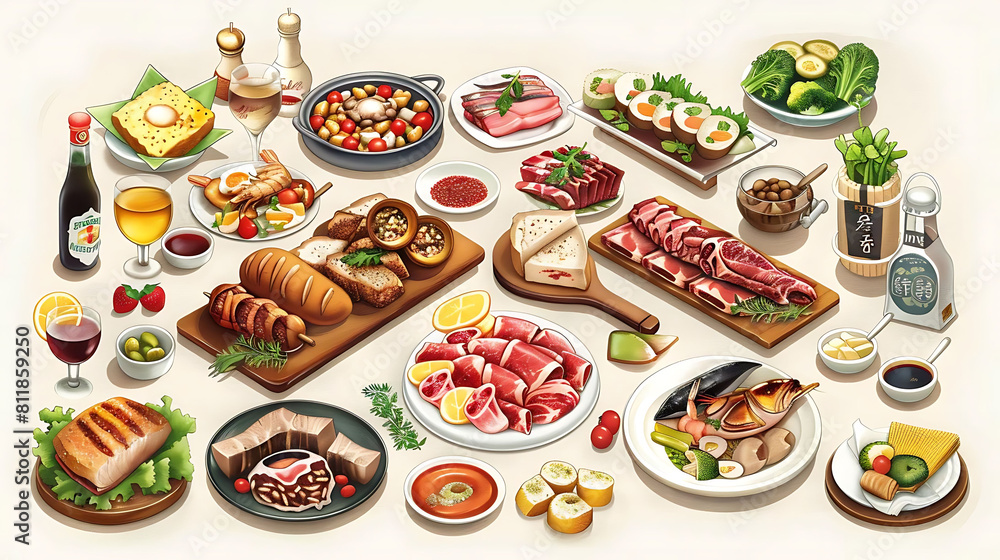 food illustration featuring a variety of dishes and drinks arranged on a transparent background the dishes include a white bowl, a white plate, a white and blue bowl, a red wine, a food illustration featuring a variety of dishes and drinks arranged on a transparent background the dishes include a white bowl, a white plate, a white and blue bowl, a red wine, a