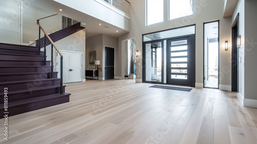 Sleek entryway with a dark violet staircase large front door and expansive light hardwood flooring leading to a high ceiling Elegant contemporary feel