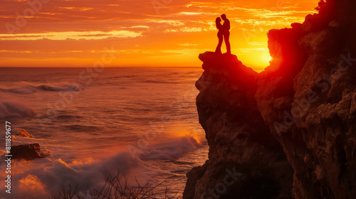 An inspiring silhouette of a couple embracing on a cliff overlooking the ocean, with crashing waves and a colorful sunset providing a stunning backdrop for the marriage proposal. D