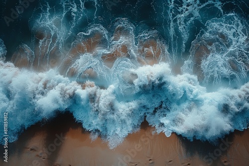 Overhead shot capturing the raw power of ocean waves as they churn against a sandy shore with foam