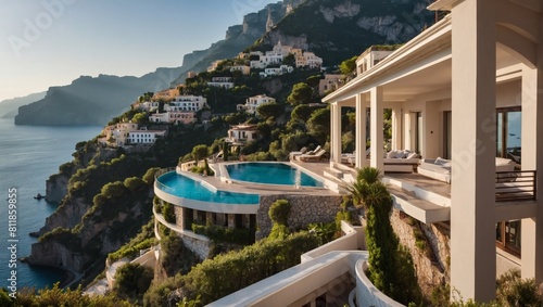 Luxury villa on Amalfi Coast, panoramic views of Mediterranean, cliffside terraces. photo