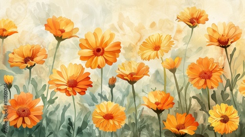 Calendula Blooms wallpaper features cheerful flowers in orange and yellow, bringing sunny optimism to garden beds. Their bright blooms evoke sun-dappled meadows and carefree summer days. © BlockAI