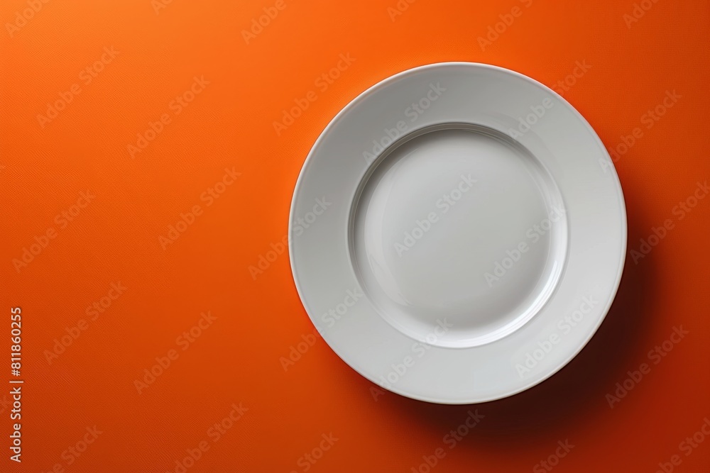 Top view of a white empty plate on a bright orange background with shadow Top view of a white empty plate on a bright orange background with shadow